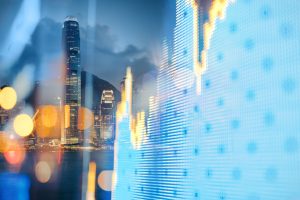 city digital stock market data hong kong cityscape reflection skyline blue yellow graph